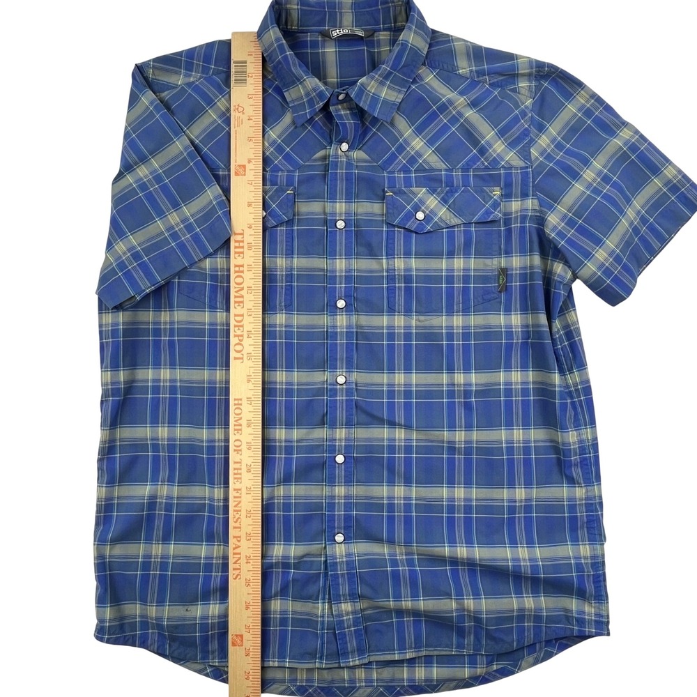 Stio Mens Eddy Short Sleeve Shirt Blue Plaid Pearl Snap Western 200141 Large - Picture 4 of 8